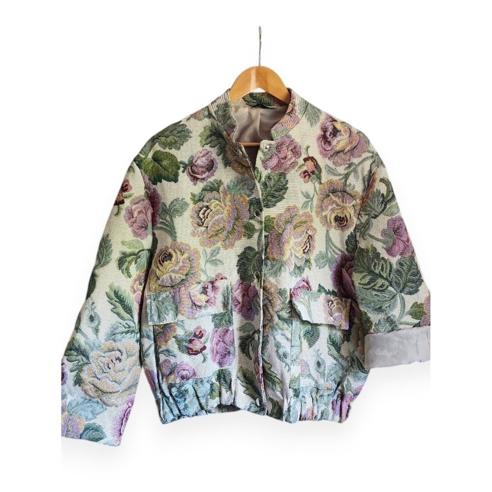 Floral Tapestry Jacket Women's Vintage Oversized Bomber Coat Size M - Picture 2 of 15